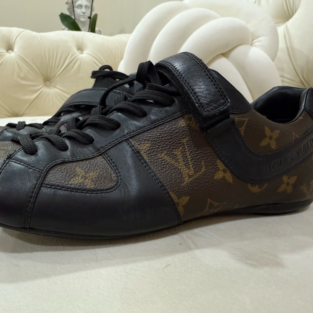 Louis Vuitton Black and Brown Sneakers with Monogram Pattern and Velcro Strap
